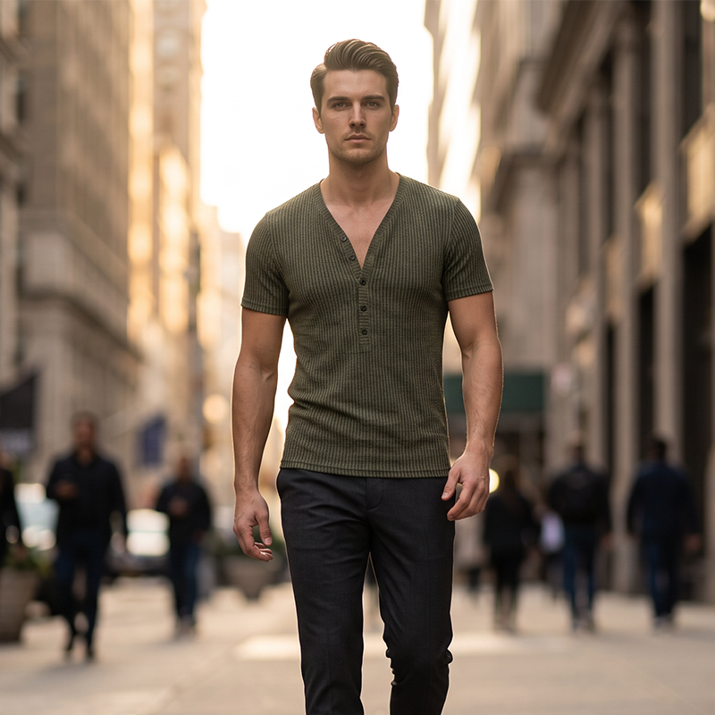 Camiseta de Hombre con Cuello en V, Rayas Bicolor y Textura Primaveral 👕 Rayas Atrevidas, V Profunda – Corte Atlético Moderno para Entrenamiento y Más ✨