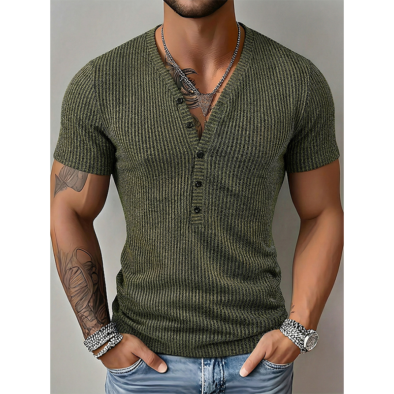 Camiseta de Hombre con Cuello en V, Rayas Bicolor y Textura Primaveral 👕 Rayas Atrevidas, V Profunda – Corte Atlético Moderno para Entrenamiento y Más ✨