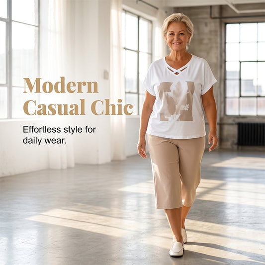 🎉 ¡TIEMPO LIMITADO 50% DE DESCUENTO! 🌸 Camiseta casual de dos piezas de dos piezas con escote en pico y pantalones cortos – Ajuste relajado y tela ✨ premium respetuosa con la piel