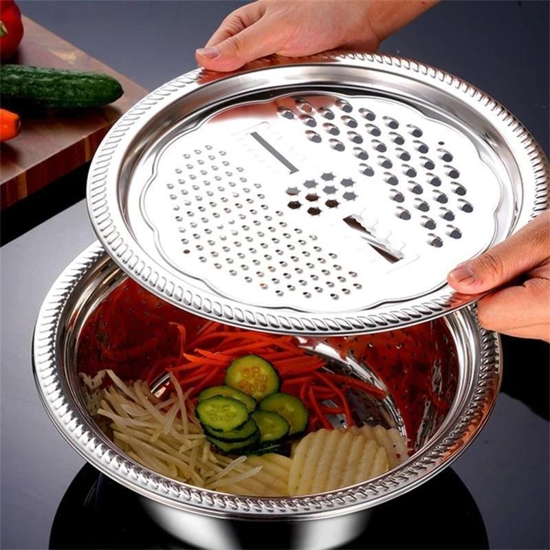 📢📢 ¡50% DE DESCUENTO! ⏰🥬 ¡Corta en rodajas, ralla y corta en juliana en minutos! Cuenco multifunción de acero inoxidable para preparar verduras y cocinar fácilmente.