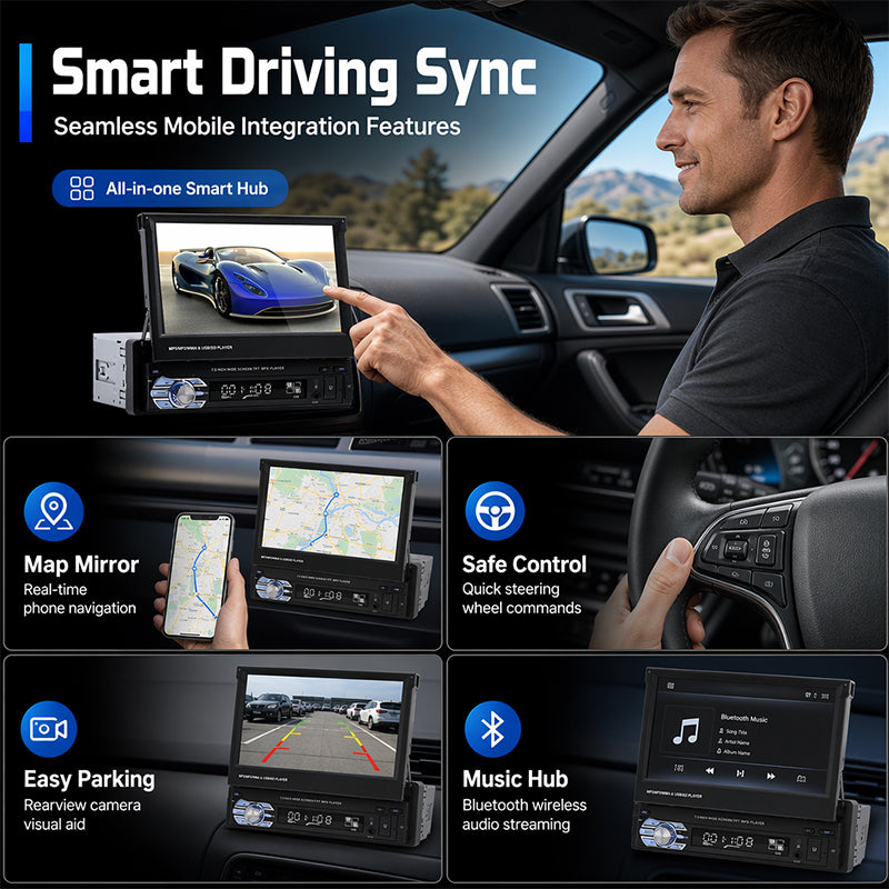Reproductor MP5 para Auto con Pantalla Retráctil Bluetooth de 7 Pulgadas