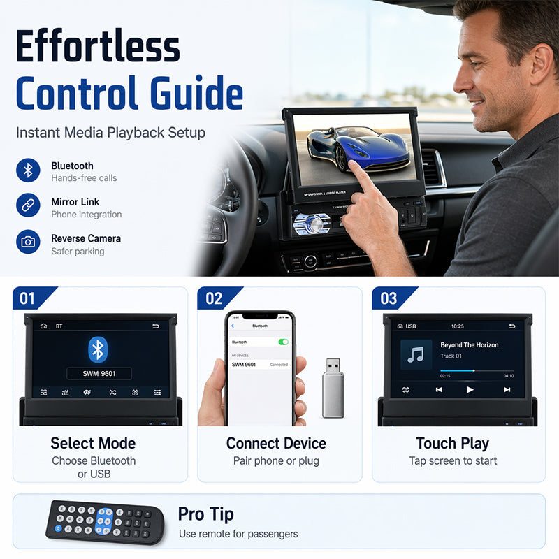 Reproductor MP5 para Auto con Pantalla Retráctil Bluetooth de 7 Pulgadas