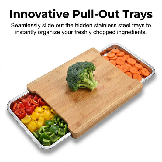 🔪 ¡50% DESCUENTO! 🥗 Tabla de Cortar de Madera con Bandejas Extraíbles – Bandejas Integradas, Resistente y Compacta – Perfecta para Cortar con Precisión y Servir Fácilmente 🪵