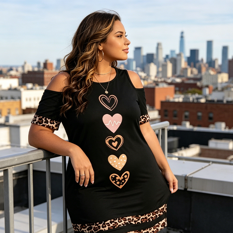 Vestido Camiseta de Hombros Descubiertos con Ribete de Leopardo para Mujer