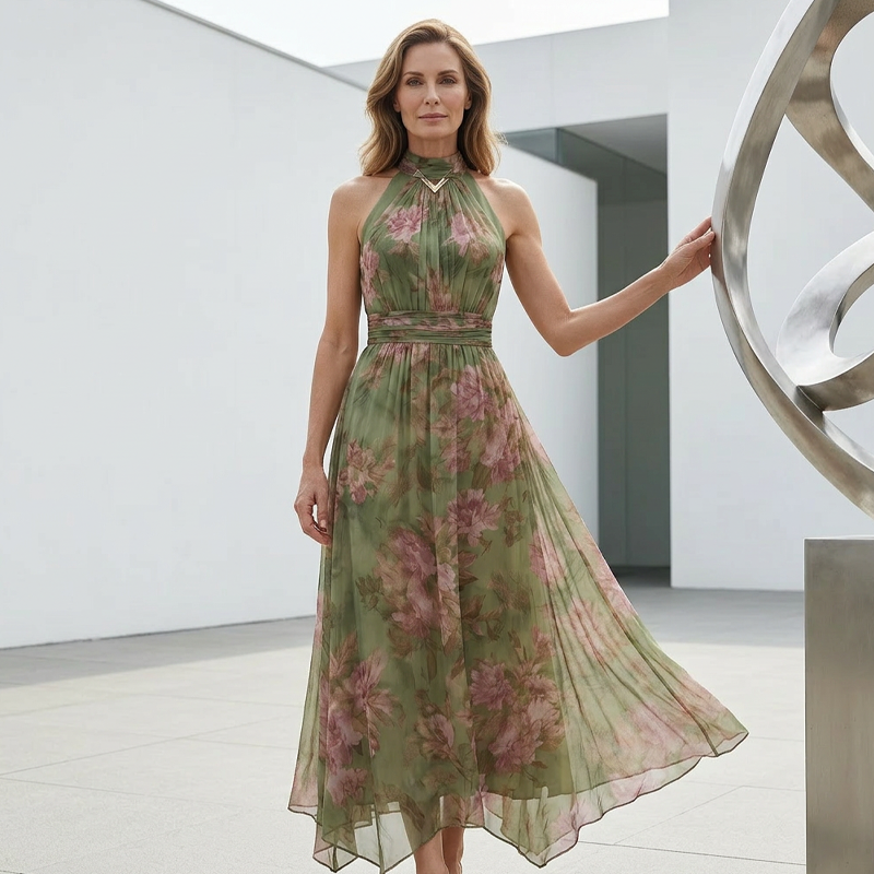 Vestido Maxi Halter con Estampado Floral Elegante