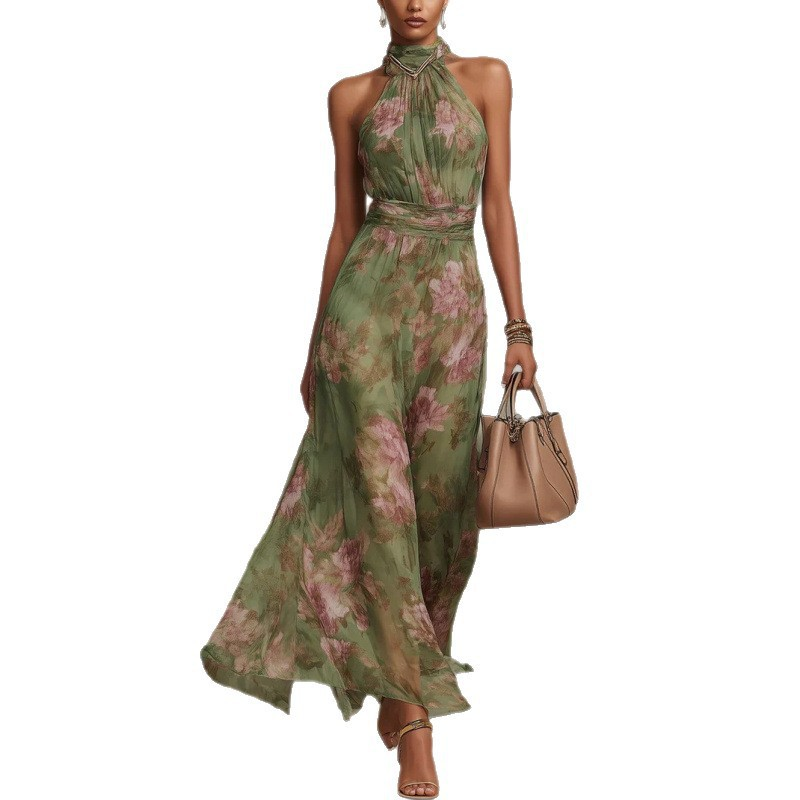 Vestido Maxi Halter con Estampado Floral Elegante