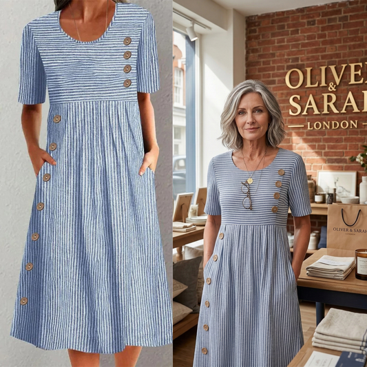 🎉🛍️¡Promoción imperdible! 50% de descuento en un vestido midi de rayas atemporal.