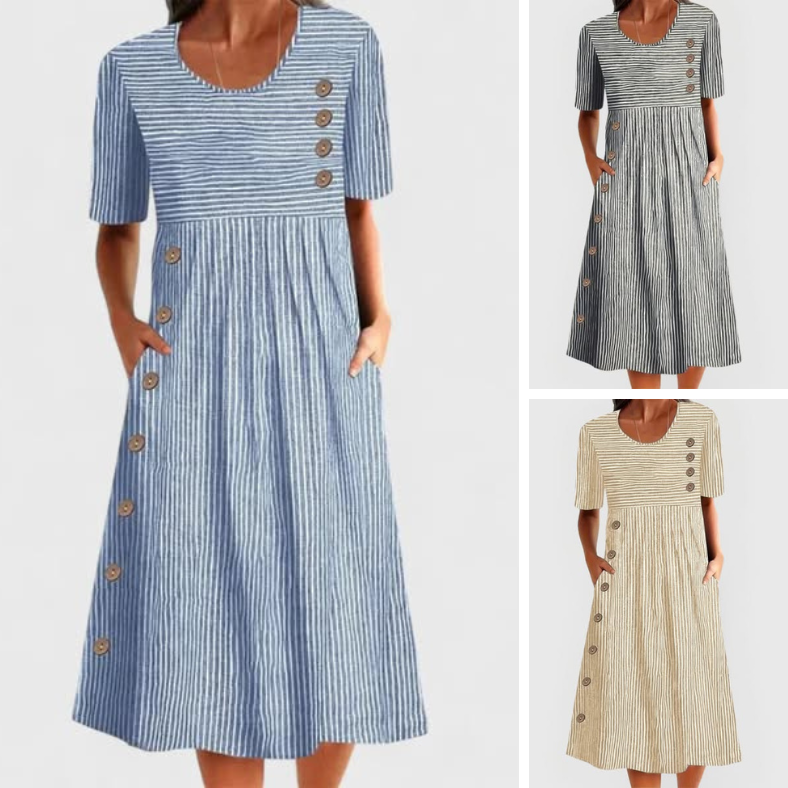 🎉🛍️¡Promoción imperdible! 50% de descuento en un vestido midi de rayas atemporal.