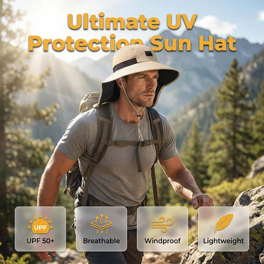 ☀️ Sombrero de sol con ala ancha y cubre nuca – protección solar UPF 50+ | Cobertura total para rostro, cuello y hombros | ¡Envío gratis a todo Chile!