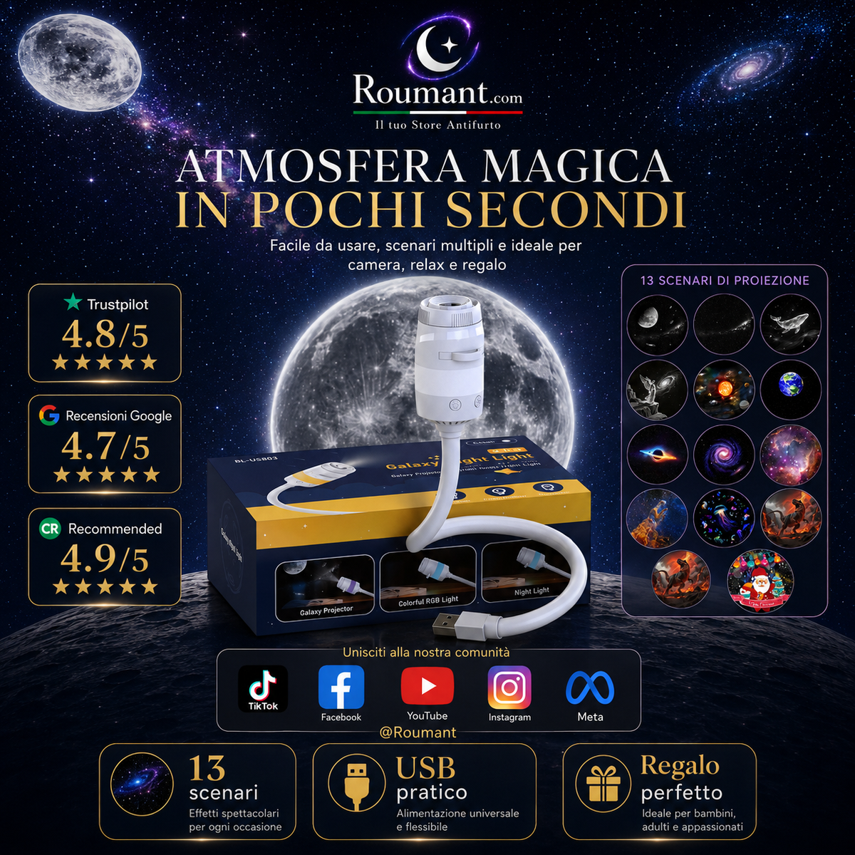 🌌 ¡50 % DE DESCUENTO AHORA! 💫Lámpara USB con Proyección de Cielo Estrellado – 13 Discos de Película Intercambiables y Cuello Flexible – Perfecta para el Dormitorio ✨