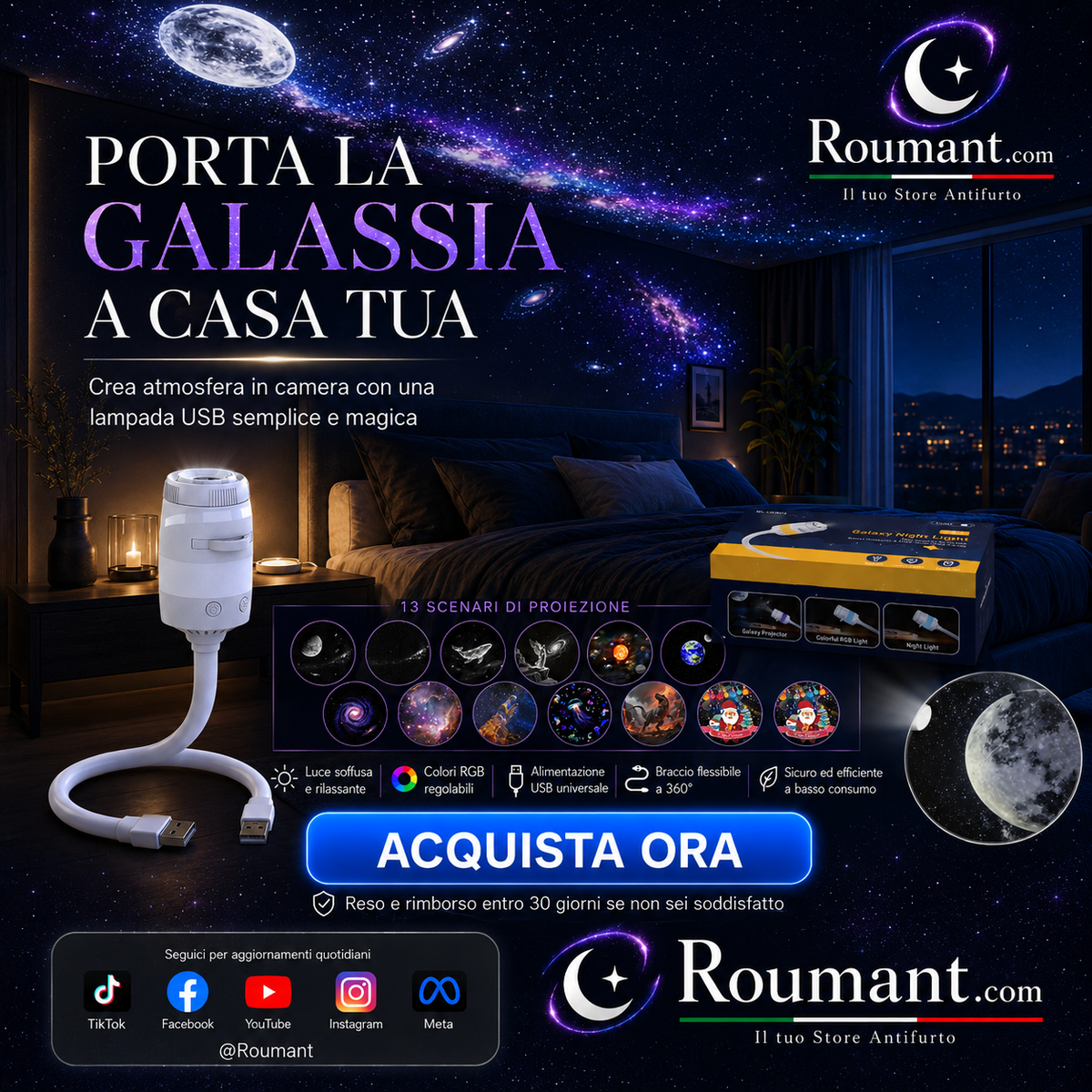 🌌 ¡50 % DE DESCUENTO AHORA! 💫Lámpara USB con Proyección de Cielo Estrellado – 13 Discos de Película Intercambiables y Cuello Flexible – Perfecta para el Dormitorio ✨