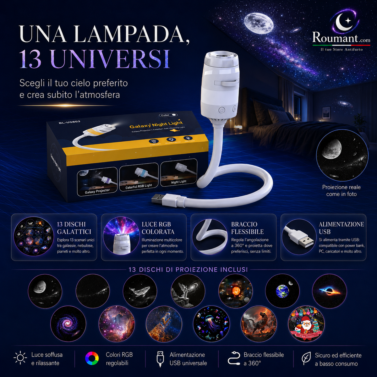 🌌 ¡50 % DE DESCUENTO AHORA! 💫Lámpara USB con Proyección de Cielo Estrellado – 13 Discos de Película Intercambiables y Cuello Flexible – Perfecta para el Dormitorio ✨