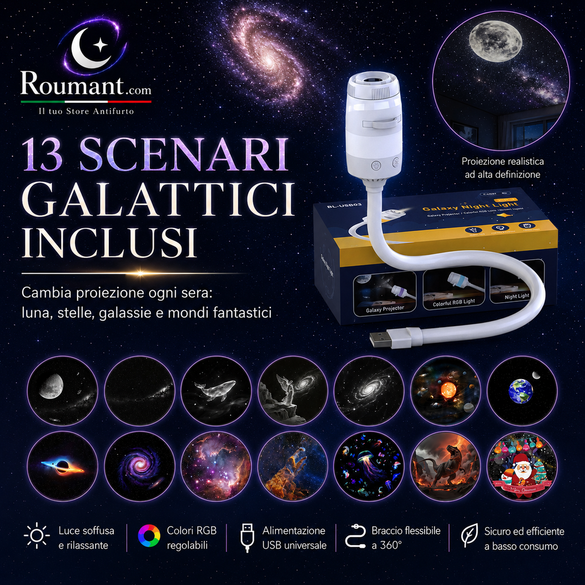 🌌 ¡50 % DE DESCUENTO AHORA! 💫Lámpara USB con Proyección de Cielo Estrellado – 13 Discos de Película Intercambiables y Cuello Flexible – Perfecta para el Dormitorio ✨