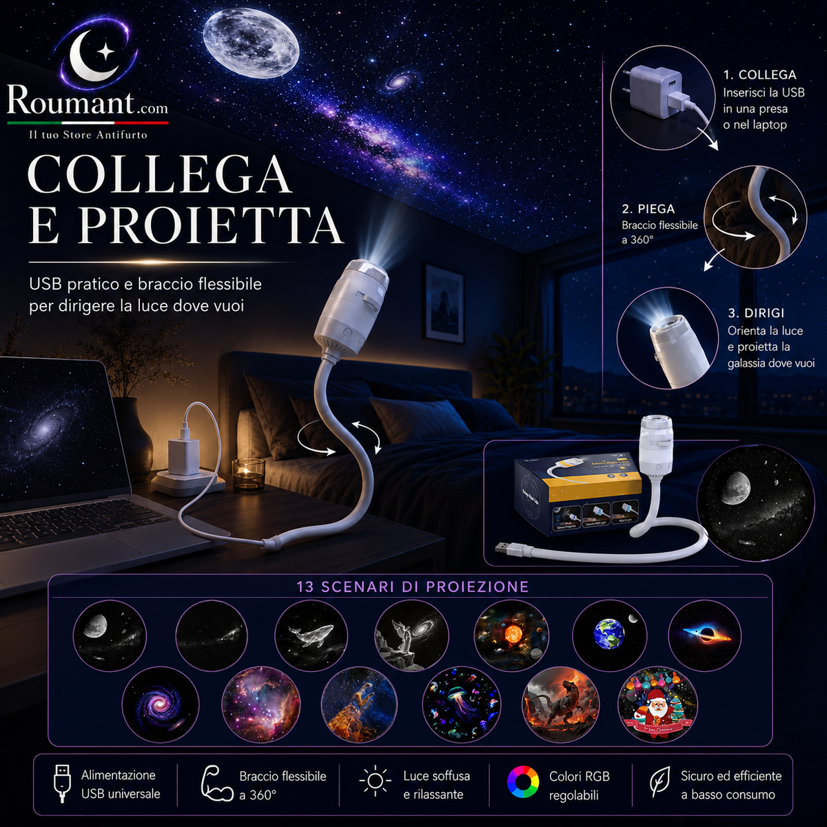 🌌 ¡50 % DE DESCUENTO AHORA! 💫Lámpara USB con Proyección de Cielo Estrellado – 13 Discos de Película Intercambiables y Cuello Flexible – Perfecta para el Dormitorio ✨