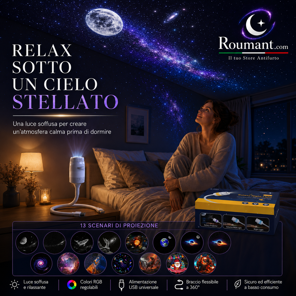 🌌 ¡50 % DE DESCUENTO AHORA! 💫Lámpara USB con Proyección de Cielo Estrellado – 13 Discos de Película Intercambiables y Cuello Flexible – Perfecta para el Dormitorio ✨