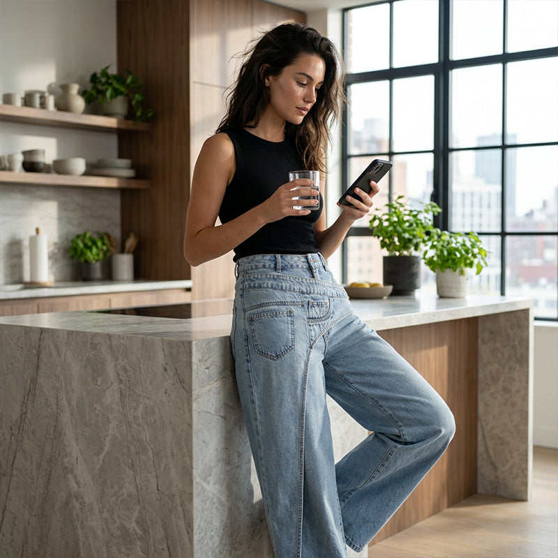 Jeans de Pierna Ancha con Cintura Asimétrica para Mujer