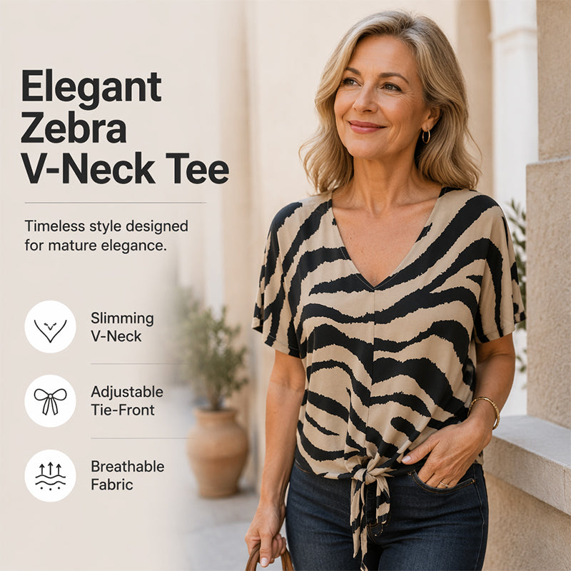 Women's V-Neck Tie-Front Zebra Print T-Shirt