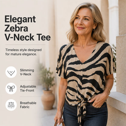 Women's V-Neck Tie-Front Zebra Print T-Shirt