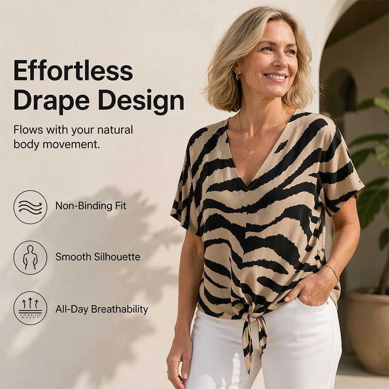 Women's V-Neck Tie-Front Zebra Print T-Shirt