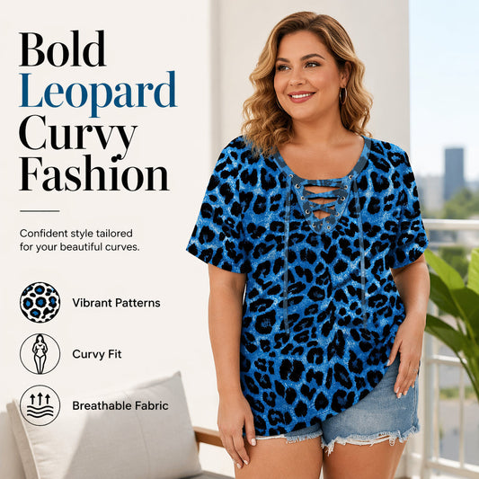 🎁Nuevos Arrivals 50% OFF💥Blusa Suelta de Manga Corta con Estampado de Leopardo y Escote con Cordones para Mujer