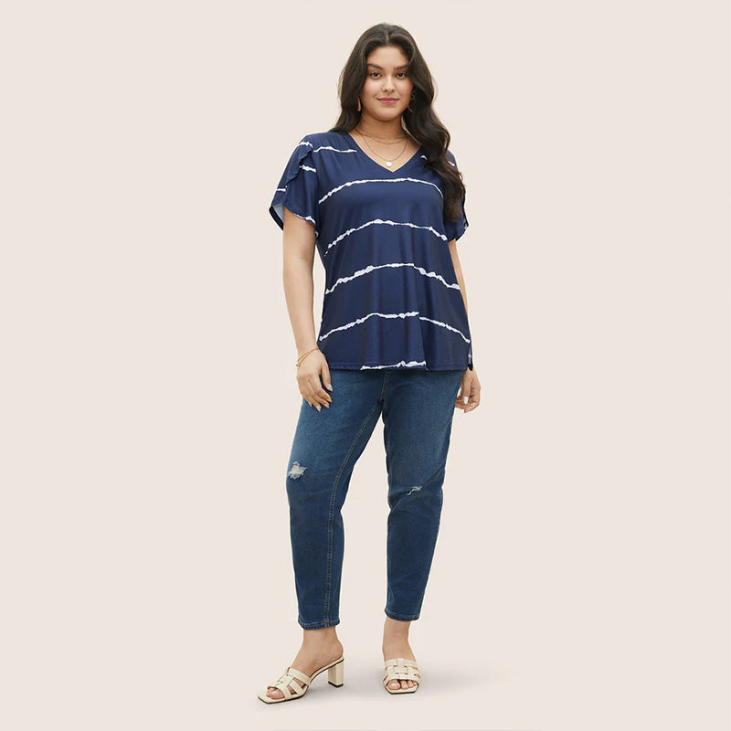 Camiseta de Talla Grande con Rayas, Manga Corta y Cuello en V para Mujer