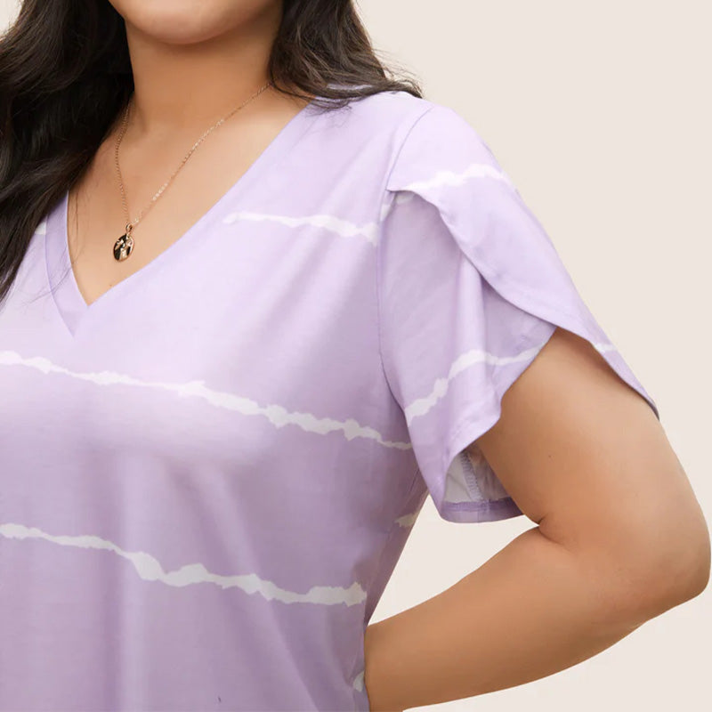 Camiseta de Talla Grande con Rayas, Manga Corta y Cuello en V para Mujer