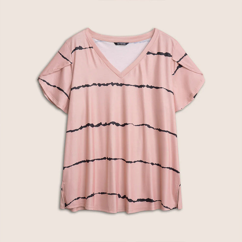Camiseta de Talla Grande con Rayas, Manga Corta y Cuello en V para Mujer