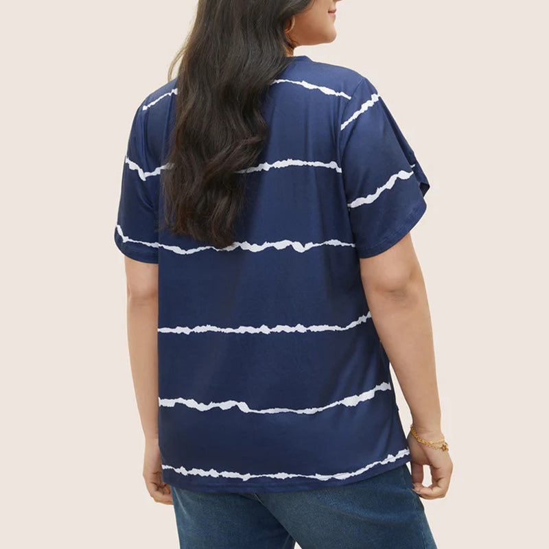 Camiseta de Talla Grande con Rayas, Manga Corta y Cuello en V para Mujer
