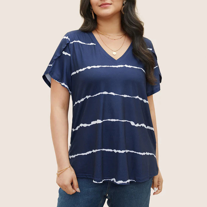 Camiseta de Talla Grande con Rayas, Manga Corta y Cuello en V para Mujer