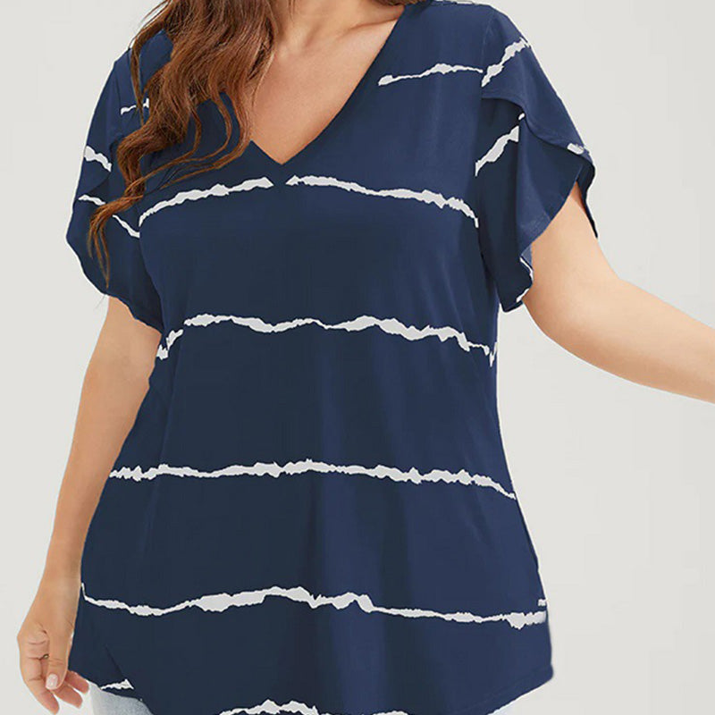 Camiseta de Talla Grande con Rayas, Manga Corta y Cuello en V para Mujer
