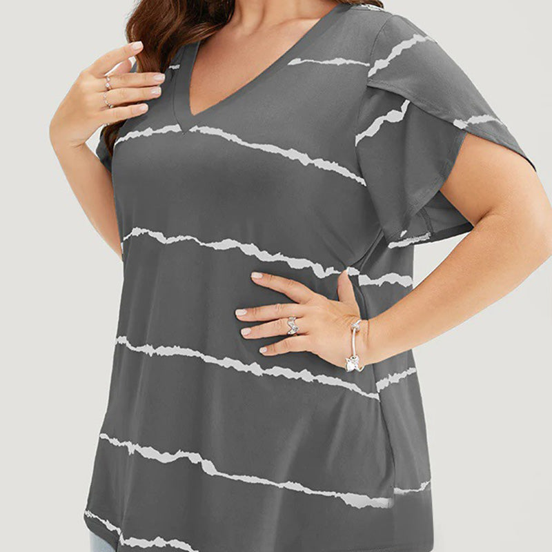 Camiseta de Talla Grande con Rayas, Manga Corta y Cuello en V para Mujer