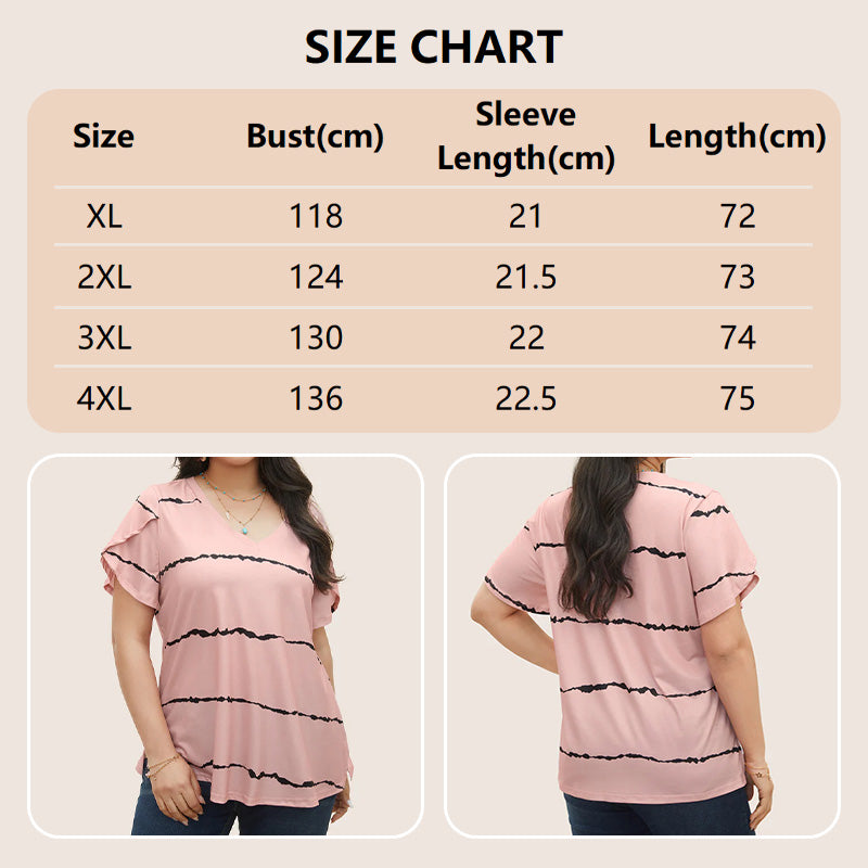 Camiseta de Talla Grande con Rayas, Manga Corta y Cuello en V para Mujer