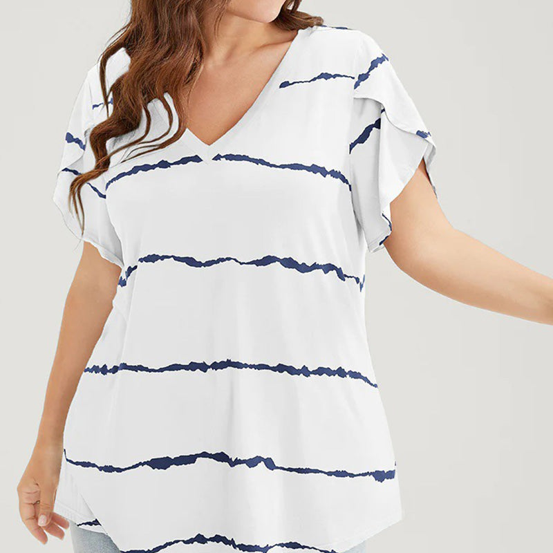 Camiseta de Talla Grande con Rayas, Manga Corta y Cuello en V para Mujer