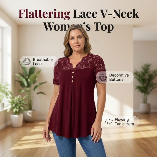 Top de Manga Corta con Cuello en V y Encaje para Mujer