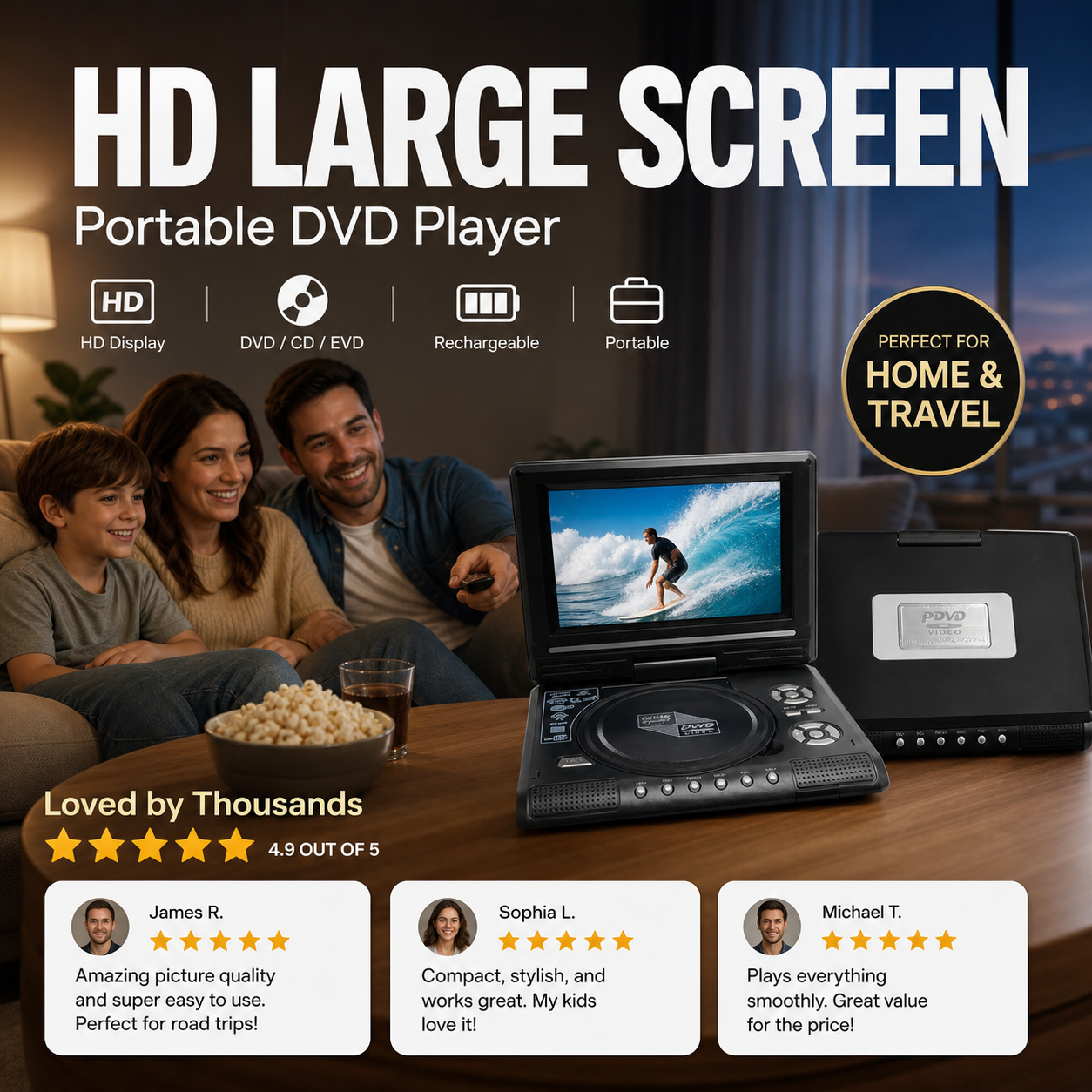 📺 Reproductor portátil de DVD/EVD HD de 7,8" – Pantalla grande, recargable y compatible con DVD/CD/USB/SD – Perfecto para el hogar y los viajes 🔥 50% de descuento