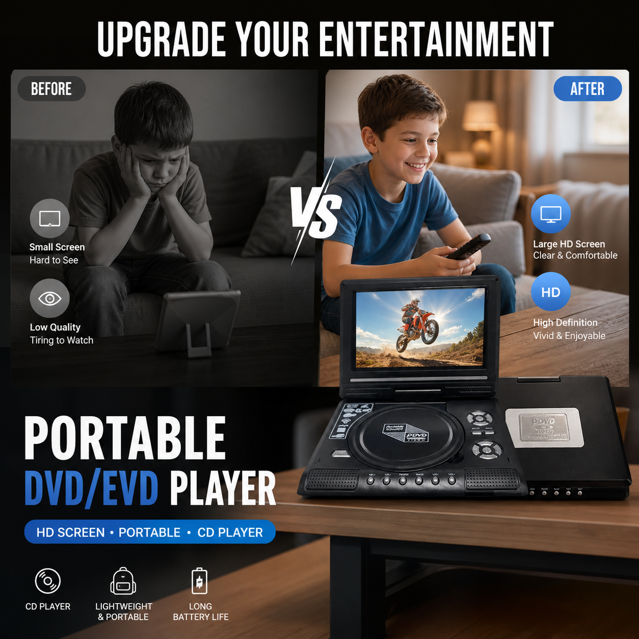 📺 Reproductor portátil de DVD/EVD HD de 7,8" – Pantalla grande, recargable y compatible con DVD/CD/USB/SD – Perfecto para el hogar y los viajes 🔥 50% de descuento