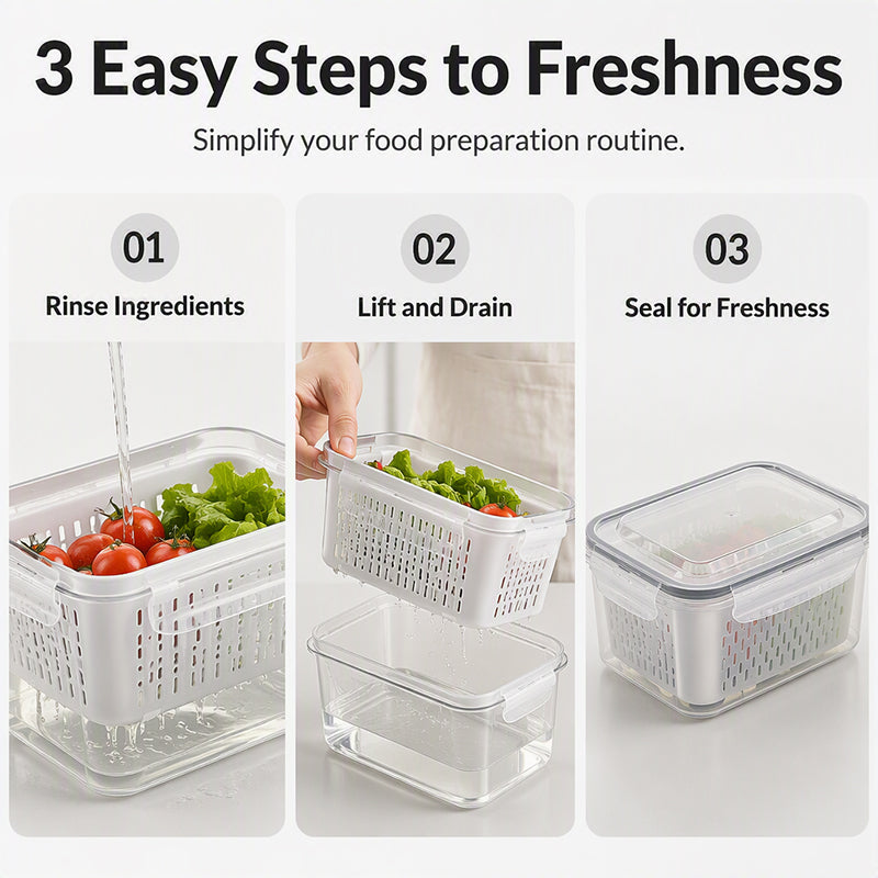 ⏳🔥LIMITED-TIME 50% OFF! ⏰3-Piece Fruit Drain Basket and Storage Container Set with Lids