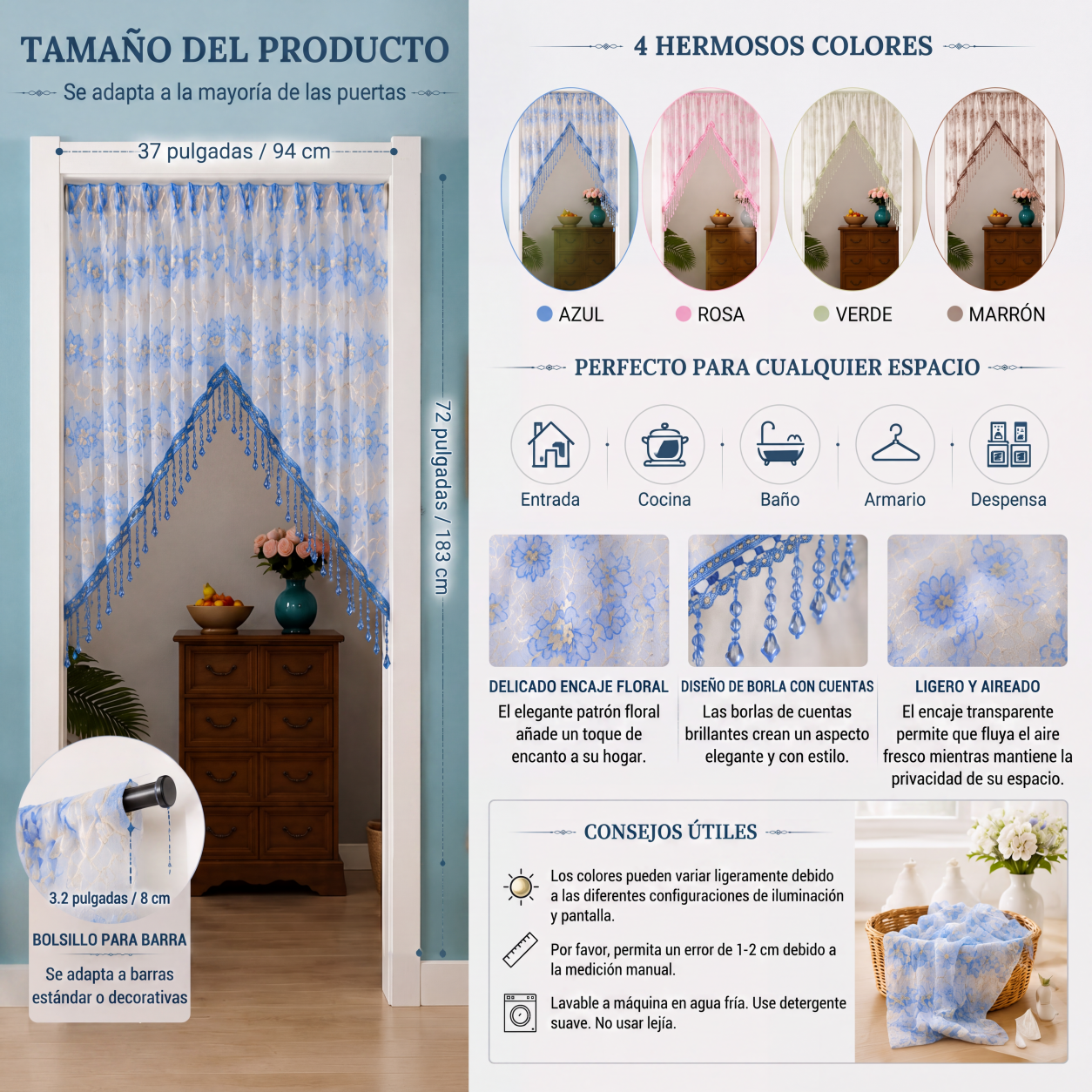 🔥55 % de descuento en productos seleccionados🎉🌸Cortina corta de encaje para puerta con borlas
