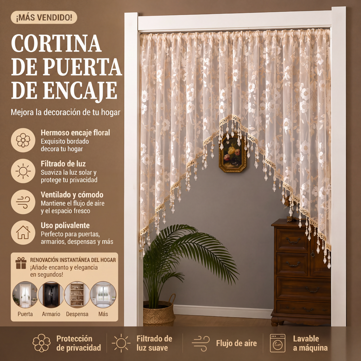 🔥55 % de descuento en productos seleccionados🎉🌸Cortina corta de encaje para puerta con borlas