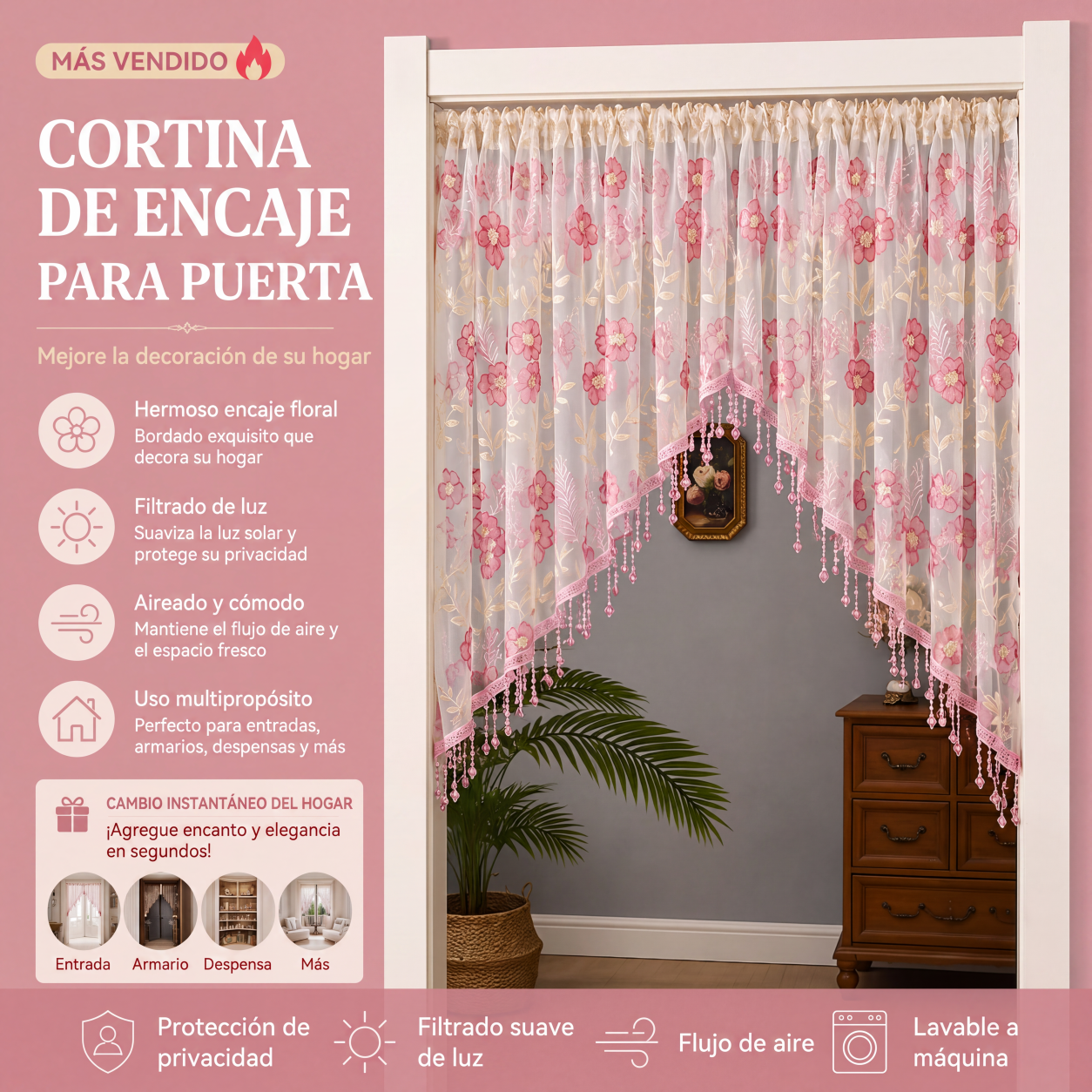 🔥55 % de descuento en productos seleccionados🎉🌸Cortina corta de encaje para puerta con borlas