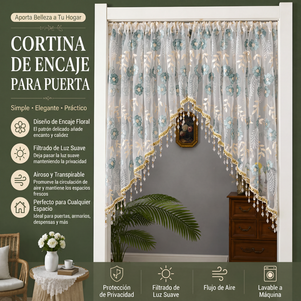 🔥55 % de descuento en productos seleccionados🎉🌸Cortina corta de encaje para puerta con borlas