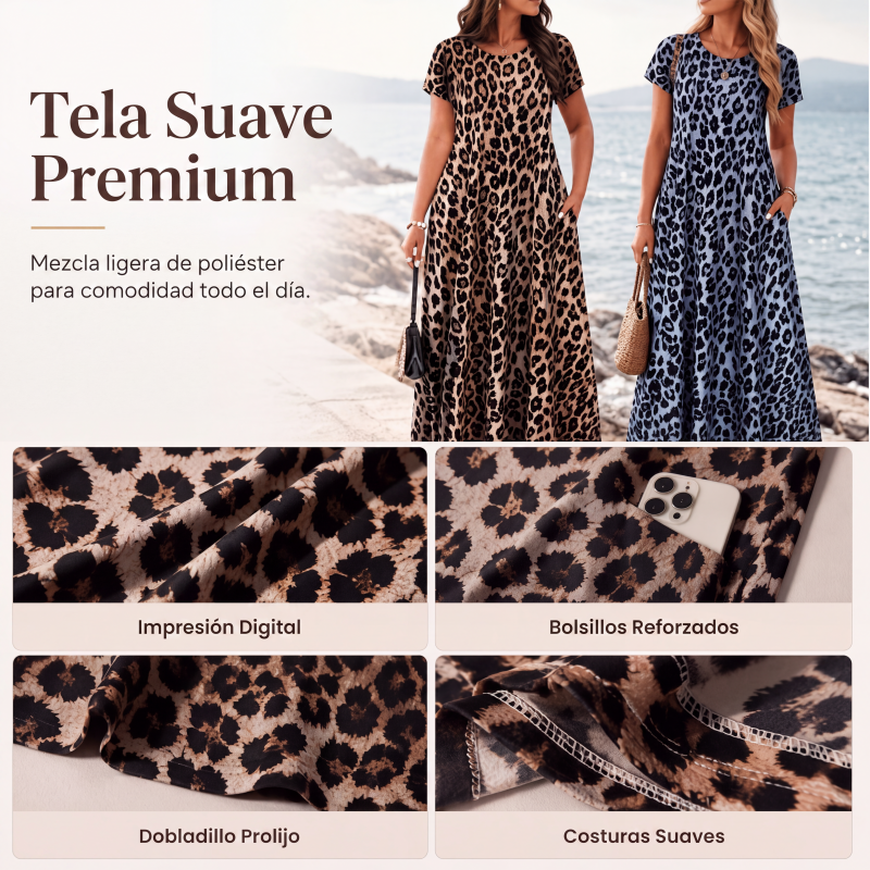 Vestido largo de mujer con estampado de leopardo y bolsillos, vestido largo casual de manga corta