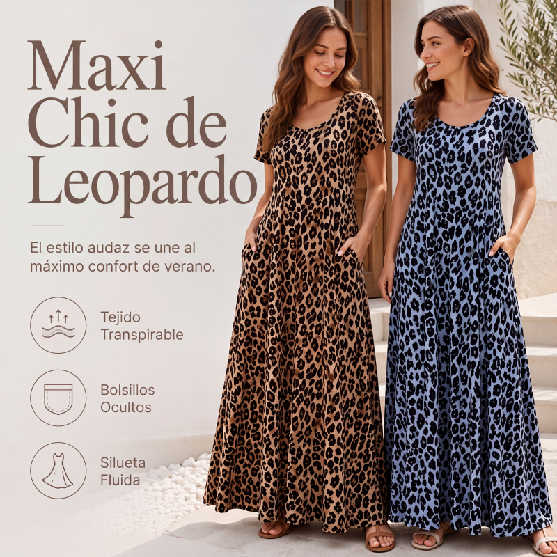 Vestido largo de mujer con estampado de leopardo y bolsillos, vestido largo casual de manga corta
