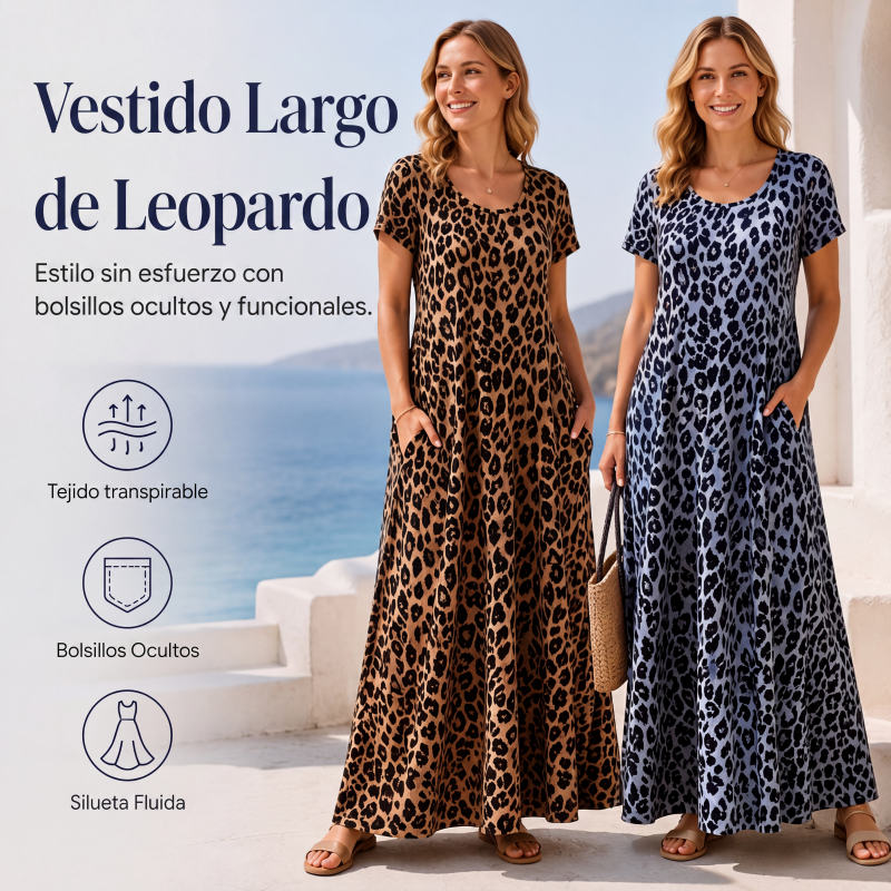 Vestido largo de mujer con estampado de leopardo y bolsillos, vestido largo casual de manga corta