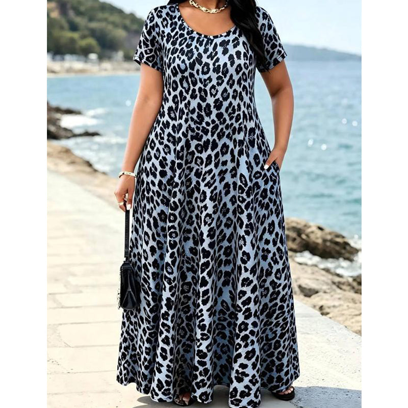 Vestido largo de mujer con estampado de leopardo y bolsillos, vestido largo casual de manga corta