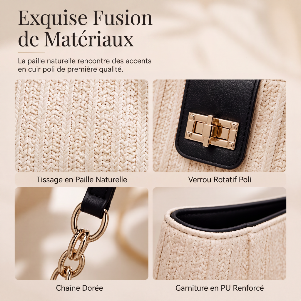 👜 -50% DE DESCUENTO! 🌾 Bolso de Paja Espacioso – Cuero PU + Paja – Trenzado Artesanal y Herrajes Dorados para un Estilo Diario Chic ☀️