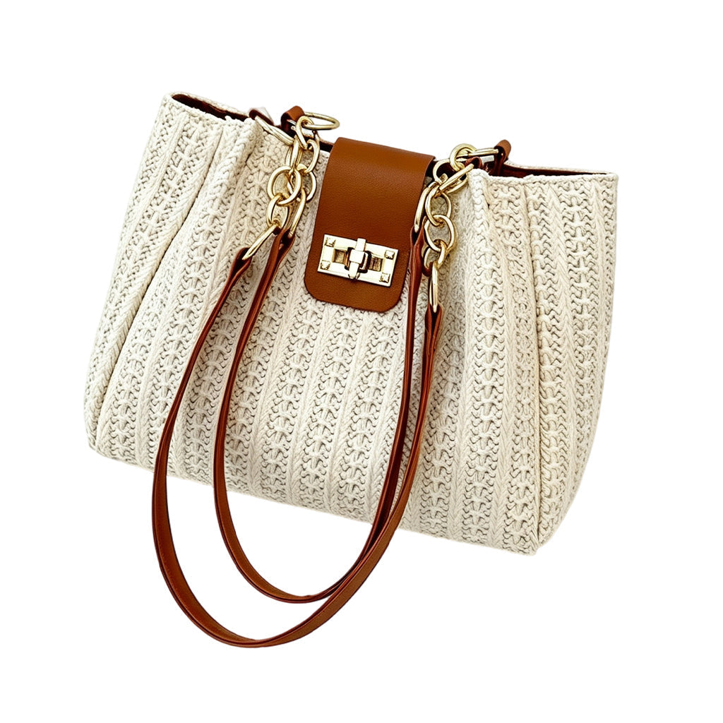 👜 -50% DE DESCUENTO! 🌾 Bolso de Paja Espacioso – Cuero PU + Paja – Trenzado Artesanal y Herrajes Dorados para un Estilo Diario Chic ☀️