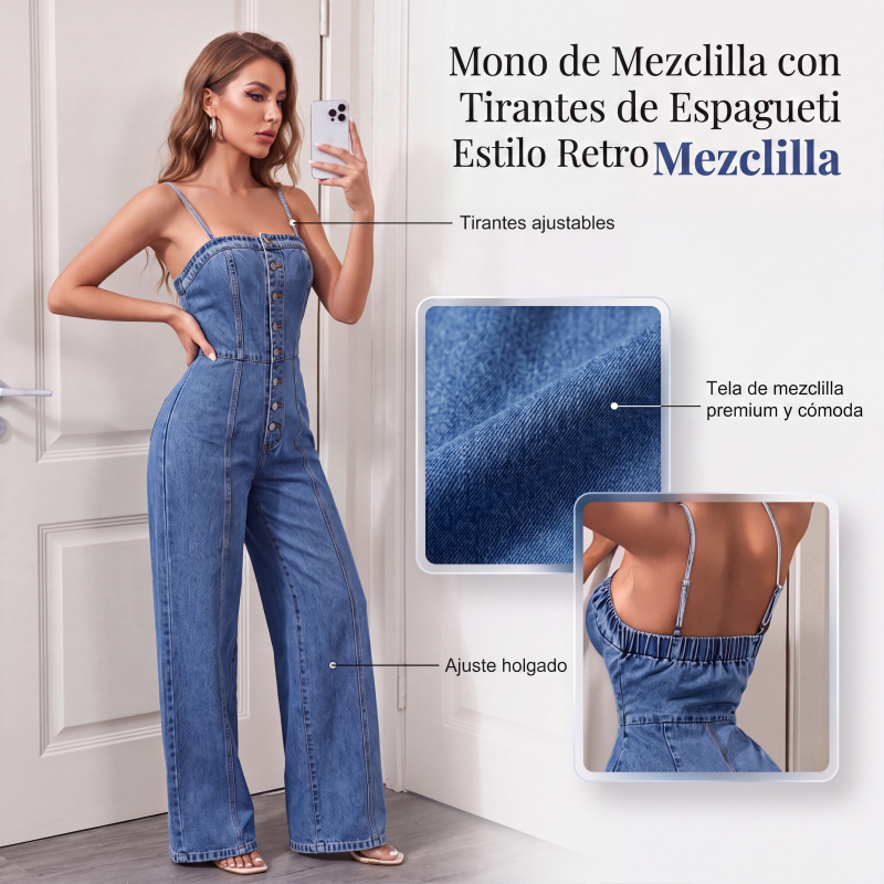 Mono vaquero de pierna ancha con tirantes finos para mujer