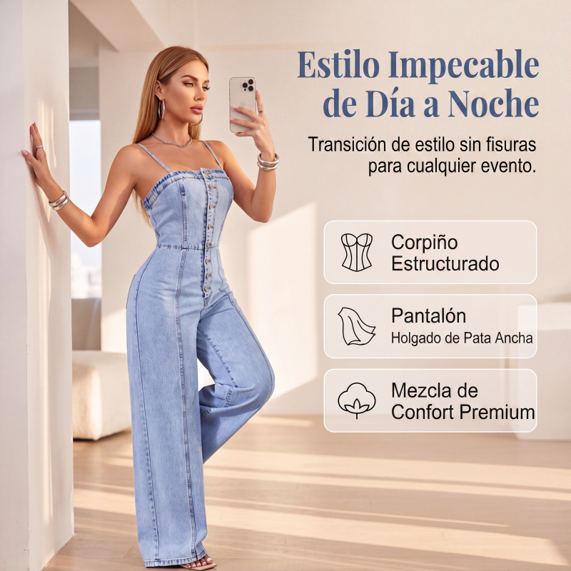 Mono vaquero de pierna ancha con tirantes finos para mujer