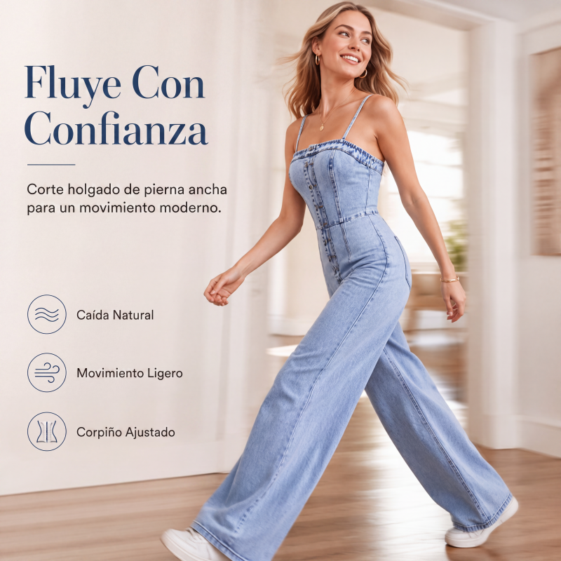 Mono vaquero de pierna ancha con tirantes finos para mujer